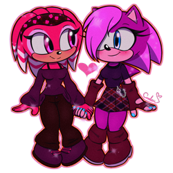 Size: 900x900 | Tagged: safe, artist:reinadecorazonez, shade the echidna, sonia the hedgehog, 2021, alternate outfit, blushing, boots, chain, cute, fingerless gloves, hair over one eye, heart, lesbian, looking at each other, outline, painted fingernails, shade x sonia, shadeabetes, shipping, shirt, signature, skirt, smile, soniabetes, standing