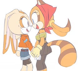 Size: 1271x1166 | Tagged: safe, artist:yaniis15, cream the rabbit, marine the raccoon, 2021, aged up, alternate outfit, clothes, crop jacket, duo, flat colors, headscarf, holding hands, jacket, lesbian, looking at each other, maream, mouth open, older, shipping, shirt, shorts, simple background, skirt, standing, sweatdrop, white background