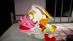 Size: 1920x1080 | Tagged: safe, artist:dan-player, amy rose, cream the rabbit, 2020, 3d, amream, bed, duo, eyes closed, indoors, kiss, lesbian, lying down, lying on them, pillow, shipping