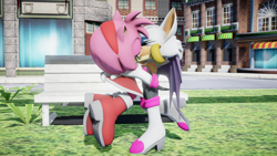 Size: 1920x1080 | Tagged: safe, artist:dan-player, amy rose, rouge the bat, 2020, 3d, abstract background, bench, building, daytime, eyes closed, grass, holding each other, kiss, lesbian, outdoors, rougamy, shipping, standing, station square