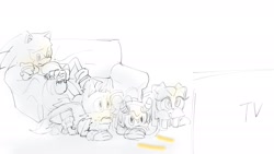 Size: 2048x1152 | Tagged: safe, artist:domuchao, charmy bee, cream the rabbit, miles "tails" prower, sonic the hedgehog, 2023, couch, food, group, monochrome, simple background, sketch, television, white background