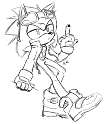 Size: 500x556 | Tagged: safe, artist:katiemonz, scourge the hedgehog, hedgehog, fingerless gloves, glasses, glasses on head, gloves, jacket, male, middle finger, shoes, sunglasses