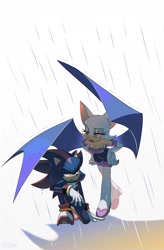 Size: 1344x2048 | Tagged: safe, artist:hyeon_sonic, rouge the bat, shadow the hedgehog, 2023, looking at each other, rain, shadow (lighting), shielding, simple background, white background, wing shield