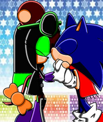 Size: 400x475 | Tagged: safe, artist:thunder-the-mouse, sonic the hedgehog, oc, oc:thunder dark the hedgemouse, hedgehog, mouse, blue fur, boots, brown fur, canon x oc, female, fingerless gloves, glasses, glasses on head, gloves, jacket, male, scarf, shipping, shoes, socks, straight