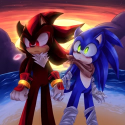 Size: 2048x2048 | Tagged: dead source, safe, artist:cylikaart, shadow the hedgehog, sonic the hedgehog, 2020, abstract background, beach, blushing, date, duo, frown, gay, glowing eyes, holding hands, looking at them, looking away, ocean, outdoors, shadow x sonic, shipping, signature, sonic boom (tv), speech bubble, standing, sunset, water