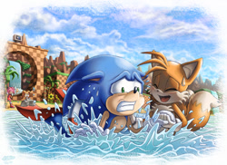 Size: 900x655 | Tagged: safe, artist:glitcher, amy rose, cream the rabbit, miles "tails" prower, sonic the hedgehog, holding hands, swimming