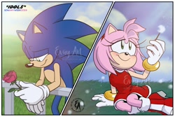 Size: 2048x1365 | Tagged: safe, artist:evayart, amy rose, sonic the hedgehog, flower, rose