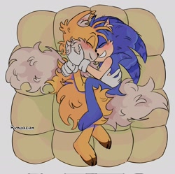 Size: 2048x2041 | Tagged: safe, artist:runoacon, miles "tails" prower, sonic the hedgehog, 2023, 2024, barefoot, blushing, cute, duo, eyes closed, fluffy, gay, grey background, holding each other, lying down, paws, shipping, simple background, smile, snuggling, sonabetes, sonic x tails, tailabetes