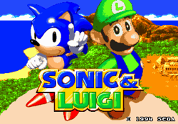 Size: 1600x1120 | Tagged: safe, artist:seeth_0, sonic the hedgehog, hedgehog, human, 2024, character name, crossover, daytime, duo, edit, luigi, mario, outdoors, pixel art, sonic and knuckles (1994)