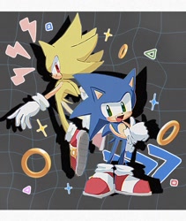 Size: 768x910 | Tagged: safe, artist:pita_b882, sonic the hedgehog, super sonic, 2024, duo, grey background, mid-air, ring, self paradox, smile, standing, super form, thumbs up