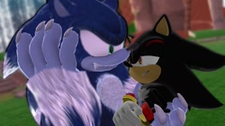 Size: 1280x720 | Tagged: safe, artist:emirrart, shadow the hedgehog, sonic the hedgehog, 3d, abstract background, daytime, duo, gay, holding them, lidded eyes, looking at each other, looking at them, outdoors, shadow x sonic, shipping, smile, sonic the werehog, waterfall, were form, werehog