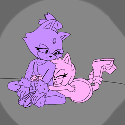 Size: 1280x1280 | Tagged: safe, artist:blaze-the-cat2006, amy rose, blaze the cat, 2024, amy x blaze, cute, duo, eyes closed, hugging, hugging from behind, lesbian, looking at them, lying on front, monochrome, shipping, sitting, smile