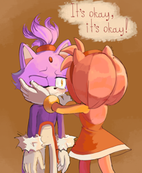 Size: 2048x2484 | Tagged: safe, artist:fikus345, amy rose, blaze the cat, 2024, amy x blaze, blushing, brown background, comforting, crying, dialogue, duo, english text, hands on another's face, lesbian, looking at each other, one eye closed, shipping, simple background, speech bubble, standing, tears, tears of sadness