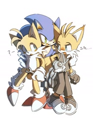 Size: 1498x1997 | Tagged: safe, artist:chilidog_16, miles "tails" prower, nine, sonic prime, 2024, arm around shoulders, blushing, holding something, japanese text, looking at them, mouth open, question mark, self paradox, simple background, smile, standing, standing on one leg, trio, white background, wrench