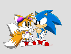 Size: 2048x1558 | Tagged: safe, artist:suzienightsky, miles "tails" prower, sonic the hedgehog, alternate outfit, duo, goggles, grey background, hand on shoulder, looking at each other, necklace, signature, simple background, smile, standing