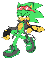 Size: 400x514 | Tagged: safe, artist:cherucat, scourge the hedgehog, hedgehog, fingerless gloves, glasses, glasses on head, gloves, green fur, jacket, male, shoes, sunglasses