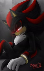 Size: 1280x2048 | Tagged: safe, artist:becci_d_artist, shadow the hedgehog, sonic the hedgehog 3 (film), 2024, abstract background, frown, glowing eyes, lineless, looking down, one fang, signature, sitting, solo