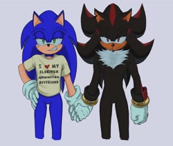 Size: 2048x1737 | Tagged: safe, artist:vaintual, shadow the hedgehog, sonic the hedgehog, sonic x shadow generations, 2024, boyfriends, clenched teeth, duo, eldritch abomination, english text, frown, gay, grey background, grin, hand on hip, holding hands, lidded eyes, looking at viewer, shadow x sonic, shipping, shirt, simple background, smile, standing, words on a shirt