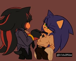 Size: 1854x1497 | Tagged: safe, artist:cohlow19612, shadow the hedgehog, sonic the hedgehog, 2024, alternate outfit, biting lip, clothes, duo, frown, gender swap, grabbing, grabbing tie, lesbian, lidded eyes, looking at each other, r63 shipping, red background, shadow x sonic, shipping, simple background, smile, standing