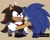 Size: 1854x1497 | Tagged: suggestive, artist:cohlow19612, shadow the hedgehog, sonic the hedgehog, 2024, alternate outfit, assisted exposure, beige background, belt, blushing, bra, clothes, duo, exclamation mark, lesbian, looking at each other, meme, opening shirt, r63 shipping, shadow x sonic, shipping, shorts, signature, simple background, standing, surprised