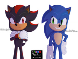 Size: 1032x774 | Tagged: safe, artist:jocelynminions, shadow the hedgehog, sonic the hedgehog, hedgehog, sonic the hedgehog 3 (film), black fur, blue fur, gloves, green eyes, male, red eyes, red fur