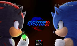Size: 1154x692 | Tagged: safe, artist:jocelynminions, shadow the hedgehog, sonic the hedgehog, hedgehog, sonic the hedgehog 3 (film), chaos emerald, looking at each other, male