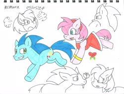 Size: 1990x1523 | Tagged: safe, artist:cmara, amy rose, sonic the hedgehog, amy x sonic, earth pony, ponified, pony, shipping, species swap, straight, traditional media