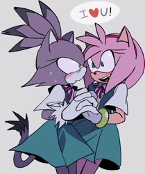 Size: 1002x1200 | Tagged: safe, artist:sonslivshad, amy rose, blaze the cat, 2024, alternate outfit, amy x blaze, dialogue, duo, english text, grey background, heart, holding hands, lesbian, looking at each other, mouth open, shipping, shrunken pupils, simple background, smile, speech bubble, standing, sweatdrop