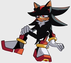 Size: 1200x1070 | Tagged: safe, artist:sonslivshad, shadow the hedgehog, 2024, clenched teeth, grey background, lidded eyes, looking offscreen, simple background, sitting, solo, sweatdrop