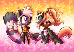 Size: 1920x1335 | Tagged: safe, artist:barbie--art, tangle the lemur, whisper the wolf, 2024, cute, duo, heart, holding hands, lesbian, lesbian pride, pride, shipping, smile, standing, tangabetes, tangle x whisper, whispabetes