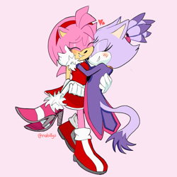 Size: 1280x1280 | Tagged: safe, artist:nabikyu, amy rose, blaze the cat, 2024, amy x blaze, amybetes, blazebetes, blushing, carrying them, cute, duo, eyes closed, heart, lesbian, pink background, shipping, signature, simple background, smile, standing