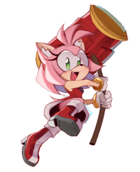 Size: 2048x2512 | Tagged: safe, artist:aikidai, amy rose, amybetes, cute, ear fluff, holding something, looking at viewer, mid-air, mouth open, one fang, piko piko hammer, simple background, smile, solo, transparent background