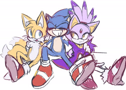 Size: 2035x1457 | Tagged: safe, artist:theblueblurau, blaze the cat, miles "tails" prower, sonic the hedgehog, 2024, simple background, sitting, smile, trio, white background