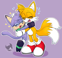 Size: 1956x1827 | Tagged: safe, artist:tecmiles, miles "tails" prower, oc, oc:miles the cat, cat, fox, 2023, cute, hugging, ocbetes, one fang, outline, purple background, signature, simple background, sonic generations, standing, star (symbol), tailabetes