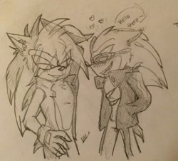 Size: 1063x960 | Tagged: safe, artist:leooodh, manik the hedgehog, scourge the hedgehog, 2015, blushing, dialogue, duo, english text, eye clipping through hair, flirting, gay, hand in pocket, hand on hip, heart, line art, looking at each other, pencilwork, scouranik, shipping, signature, smile, standing, traditional media