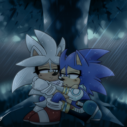 Size: 1000x1000 | Tagged: safe, artist:radicshonics, silver the hedgehog, sonic the hedgehog, 2021, abstract background, cute, duo, gay, lidded eyes, mouth open, nighttime, outdoors, rain, shipping, sitting, sonilver, tree, under a tree, wet