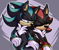 Size: 2600x2200 | Tagged: safe, artist:theenigmamachine, mephiles the dark, shadow the hedgehog, hedgehog, 2016, abstract background, eyes closed, frown, gay, hand on thigh, lidded eyes, looking at them, mephadow, outline, shipping, sitting