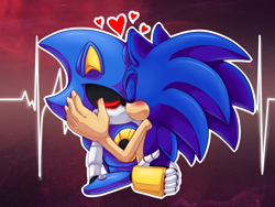 Size: 2400x1800 | Tagged: safe, artist:theenigmamachine, metal sonic, sonic the hedgehog, hedgehog, 2016, abstract background, black sclera, bust, duo, eyes closed, gay, gloves off, glowing eyes, hand on another's face, heart, holding each other, metonic, nails, outline, robot, shipping