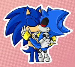 Size: 1050x950 | Tagged: safe, artist:theenigmamachine, metal sonic, sonic the hedgehog, hedgehog, 2016, abstract background, black sclera, duo, eyes closed, gay, glowing eyes, holding each other, hugging, kiss, metonic, outline, robot, shipping, standing