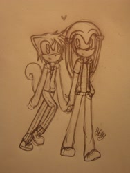 Size: 3216x4288 | Tagged: safe, artist:strawberrybunny4341, mighty the armadillo, ray the flying squirrel, 2013, alternate outfit, clothes, cute, duo, gay, heart, holding hands, hoodie, jacket, line art, looking at each other, mightabetes, mightay, monochrome, pants, pencilwork, rayabetes, redraw, shipping, signature, sketch, smile, standing, traditional media, walking