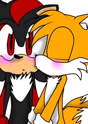 Size: 752x1063 | Tagged: safe, artist:lightningstrike153, miles "tails" prower, shadow the hedgehog, 2014, blushing, cute, duo, eyes closed, flat colors, gay, kiss on cheek, mouth open, shadow x tails, shadowbetes, shipping, simple background, standing, tailabetes, white background