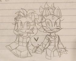 Size: 1383x1099 | Tagged: safe, artist:emioliravioli, amy rose, blaze the cat, 2024, amy x blaze, amybetes, blazebetes, cute, duo, heart, holding hands, lesbian, lined paper, looking at viewer, monochrome, pencilwork, shipping, sketch, smile, standing, traditional media