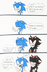 Size: 1349x2048 | Tagged: safe, artist:redhartsblog, shadow the hedgehog, sonic the hedgehog, arms folded, blushing, comic, cute, dialogue, duo, english text, gay, hand on hip, lidded eyes, looking at them, looking offscreen, shadow x sonic, shadowbetes, shipping, simple background, sonabetes, standing, traditional media, white background