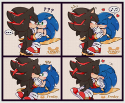 Size: 1280x1061 | Tagged: safe, artist:fredzysonadow, shadow the hedgehog, sonic the hedgehog, ..., 2020, blushing, comic, duo, floppy ears, frown, gay, heart, holding hands, kiss, lidded eyes, looking at each other, musical note, panels, question mark, shadow x sonic, shadowbetes, shipping, sitting, sonabetes, standing, surprise kiss, surprised, sweatdrop