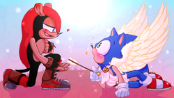 Size: 1920x1080 | Tagged: safe, artist:snicsnac, mighty the armadillo, sonic the hedgehog, 2018, abstract background, angel wings, arrow (weapon), blushing, blushing ears, duo, gay, heart, kneeling, lidded eyes, looking at each other, lying on front, mouth open, robe, shipping, sonighty