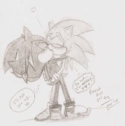 Size: 504x509 | Tagged: safe, artist:ine-rocks, shadow the hedgehog, sonic the hedgehog, 2009, blushing, dialogue, duo, english text, eyes closed, french kiss, gay, heart, holding each other, kiss, lidded eyes, looking at them, monochrome, pencilwork, shadow x sonic, shipping, speech bubble, standing, sweatdrop, thought bubble, traditional media