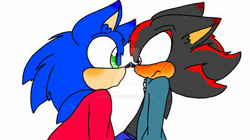 Size: 400x224 | Tagged: safe, artist:circle-x, shadow the hedgehog, sonic the hedgehog, 2017, alternate outfit, blushing, blushing ears, clothes, cute, duo, flat colors, frown, gay, looking at each other, noses are touching, pout, shadow x sonic, shadowbetes, shipping, simple background, sonabetes, watermark, white background