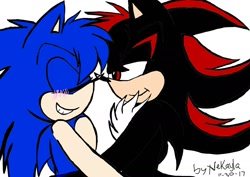 Size: 1414x1000 | Tagged: safe, artist:nitrogrim, shadow the hedgehog, sonic the hedgehog, 2017, blushing, duo, eyes closed, flat colors, gay, hair, lidded eyes, looking at them, shadow x sonic, shipping, signature, simple background, smile, white background