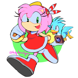 Size: 5092x5092 | Tagged: safe, artist:aandygp, amy rose, flicky, sonic adventure, 2019, abstract background, duo, lily, looking at them, looking at viewer, mouth open, piko piko hammer, signature, smile, walking