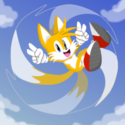 Size: 2700x2700 | Tagged: safe, artist:brianna-the-toon, miles "tails" prower, 2020, abstract background, clouds, cute, daytime, double v sign, flying, looking at viewer, mouth open, outdoors, smile, solo, spinning tails, tailabetes, v sign